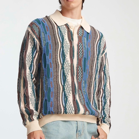 Retro ecru and blue mixed knit polo sweater NWT - Picture 1 of 11